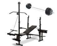 Träningsbänk med skivstång och 65kg vikter
