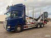 Timmerbil Scania R580 med kran Loglift 108S (SE VIDEO)