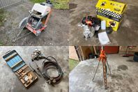 Golvsåg, Vattenpump, Gassvets, Laserstativ & Gipsvagn