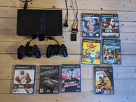 Playstation 2, 2 handkontroller & 8 spel