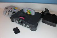 Nintendo 64, med 1 handkontroll och Mario 64