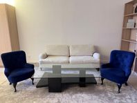 Fin Mio soffa, design fåtöljer och stor matta