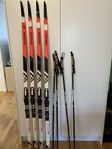 Cross country skis, poles, and shoes