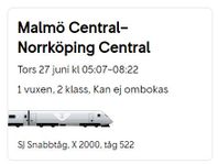 Tågbiljett: Malmö C - Norrköping C