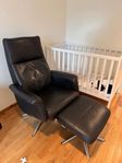 Armchair with footstool - Black leather