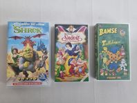 3 VHS barnfilmer, Shrek, Bamse, Snövit.
