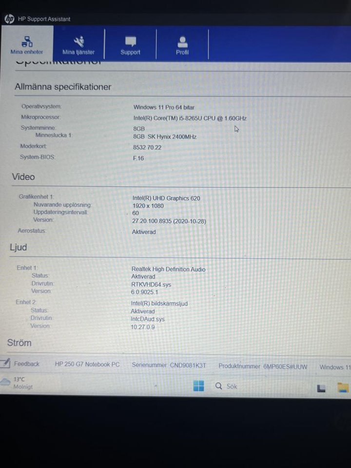 HP 250 g7 i5, Windows 11 pro 
