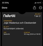 Biljetter  Jojje Wadenius Nefertiti 30/8