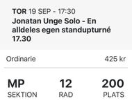 2 biljetter Jonathan Unge Solo 19/9 - kulturkvarteret 