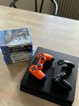 Playstation 4 Slim,  två handkontroller och 9 spel