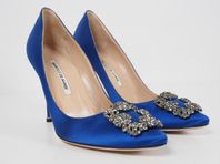 Manolo Blahnik Blue Satin Jewel Buckle Pumps