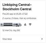 Tågbiljetter Linköping-Stockholm20/9&Stockholm-Linköping2