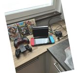 Nintendo switch med tillbehör.