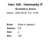 AIK - Hammarby IF 1 biljett 300 SEK