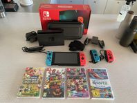 Nintendo Switch med 4 spel och 4 kontroller