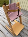 Stokke Tripp Trapp vintage 90 tal m. läderrem, bygel, dynor