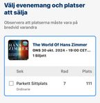 1 biljett HANS ZIMMER bra plats Tele2