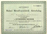 Aktiebrev Malmö Metallvarufabrik Aktiebolag 1927