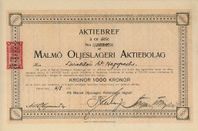 Aktiebrev Malmö Oljeslageri Aktiebolag 1919.