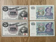 SVERIGE 4 st 5 kronors sedlar 1947 och 1978