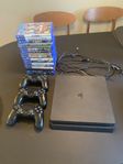 Playstation 4 slim, 3 handkontroller, HDMI, 16 spel