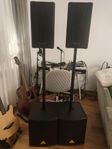 Komplett PA, 2 subwoofer, 2 toppar, mixerbord, mikrofon 