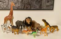 Plastdjur: giraff, zebra, lejon, tiger, dinosaurier + älg