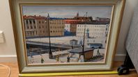 Oljemålning 1940 tal stadstema Göteborg signerad