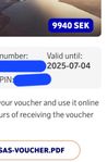 SAS Voucher värde 9 940 kr. 