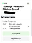 Tågbiljett Stockholm/Södertälje Syd-Göteborg jul 