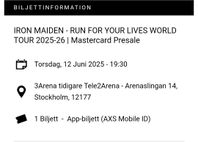 Iron Maiden 1 biljett vanlig ståplats Torsdag 12 juni 2025