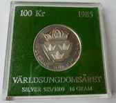 Silvermynt  100 Kr.  från 1985, världsungdomsåret.