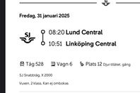 tågbiljett Lund-Linköping T/R