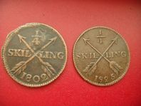 2 ST SVENSK MYNT 1825 OCH  1802 / BRA EX