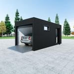 BOX ON BOX – Isolerat garage med port, WPC-panel 18 m2