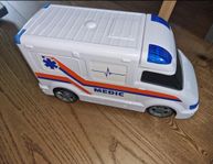 Leksaker bilar: ambulans, sopbil, polisbil, buss