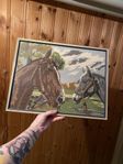 vintage äldre tavla - brodyr - hästar 