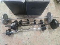 3 skivstång, 2 hantlar & 77,5kg vikter.
