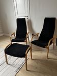 Laminofåtöljer + fotpall, stomme oljad ek, fårskinn svart