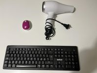 Trådlöst tangentbord, trådlös mus och hårtork