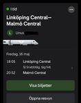 Tågbiljett Linköping-Malmö 16 maj 18:05 