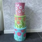 Set 3 fina retro vintage plåtburkar färgglada Ikea blommor