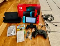 Nintendo Switch med extra tillbehör. 