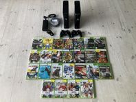 Xbox 360-paket med 2 konsoler, kontroller och 25 spel