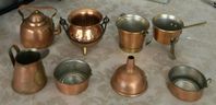 Koppar miniatyrer 8st, kaffekanna,kanna Kittel m m 1900-tal