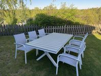 Sunfun matbord med 6 stapelstolar