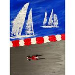  Dynamisk abstrakt målning med segelbåtar och F1-bil