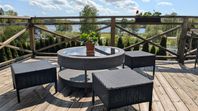 Runt loungebord med glasskiva + sittpallar