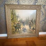 Tavla i fornnordisk stil. Oljetryck med jaktmotiv. 1800-tal.