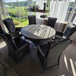 Utegrupp med 6 recliner stolar i konstrotting & med dynor.